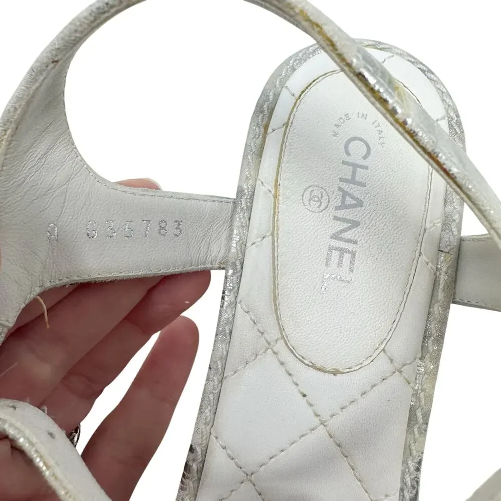 Chanel 20P Silver Laminated Quilted CC Thong Block Heel Sandals 37.5 Box